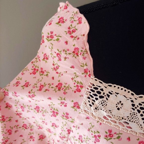 Vintage Ditsy Floral Long Sleeve Print Feminine Square Neck Lace Trim - Picture 6 of 16